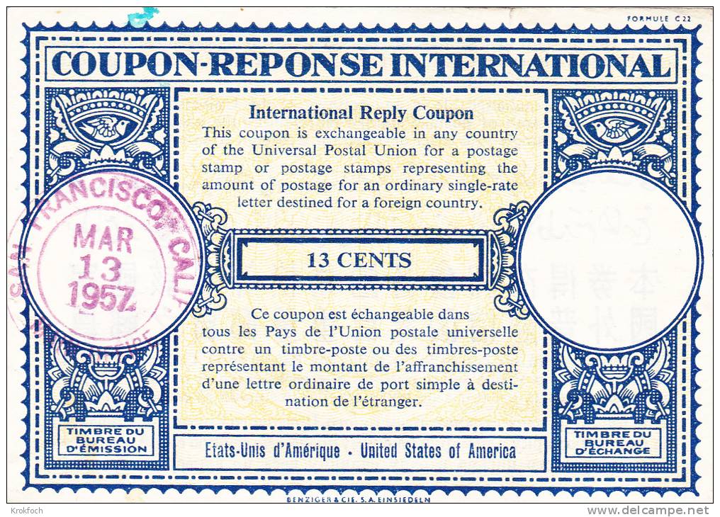 Coupon-réponse USA 1957  13 Cents - IRC San Francisco - Cupón-respuesta