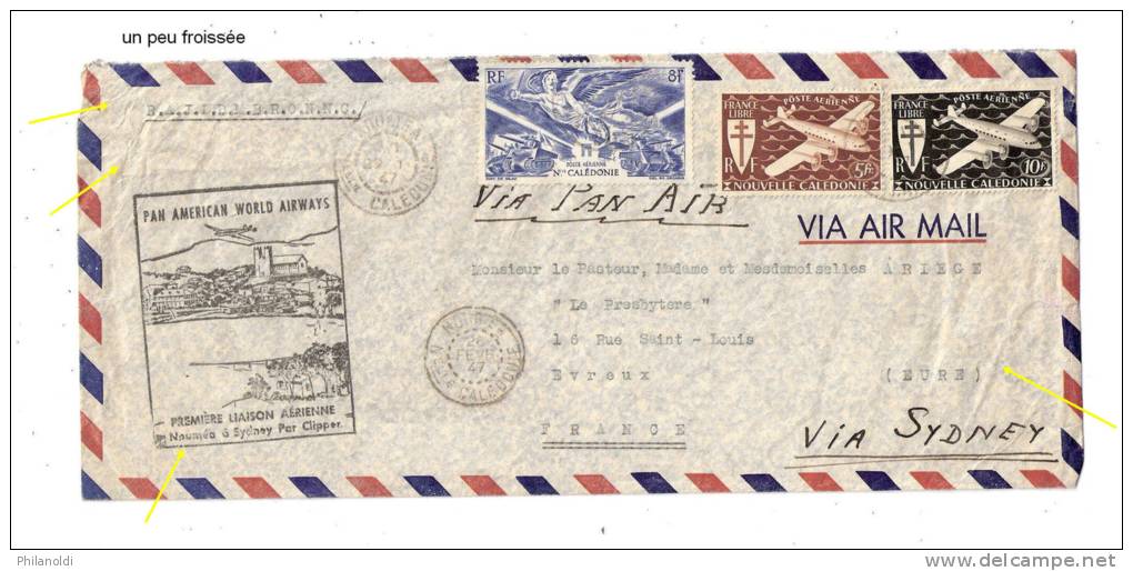 Nouvelle Calédonie 26.02.1947 Première Liaison Aérienne Pan American World Airway Nouméa Sydney, Lettre Premier Vol - Briefe U. Dokumente