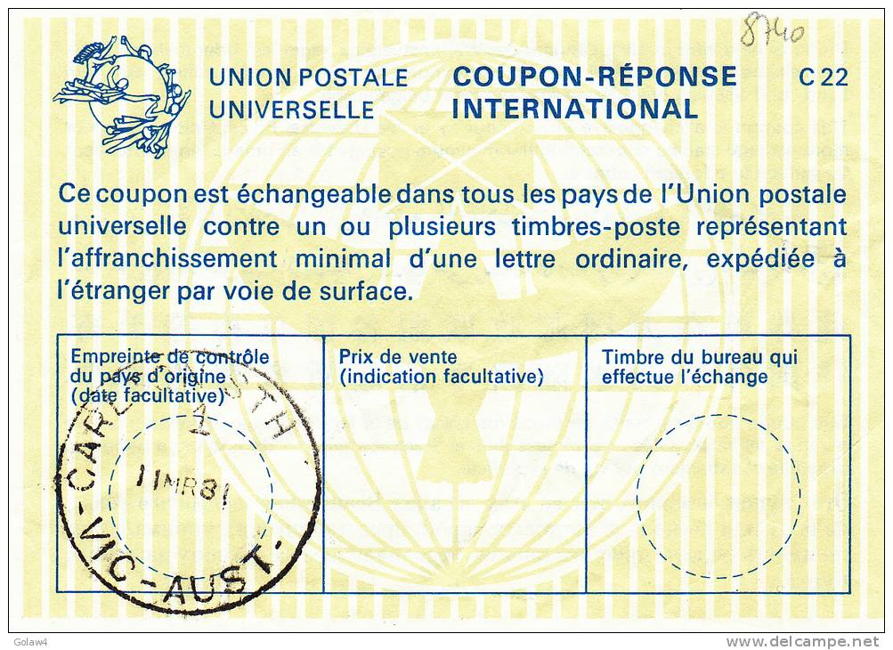 8740# AUSTRALIE COUPON REPONSE INTERNATIONAL Obl CARLTON VICTORIA AUSTRALIA 1981 UNION POSTALE INTERNATIONALE - Covers & Documents