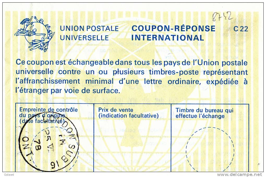 8742# GREAT BRITAIN COUPON REPONSE INTERNATIONAL Obl LONDON SUB 16 ONT. 1978 UNION POSTALE INTERNATIONALE - Brieven En Documenten