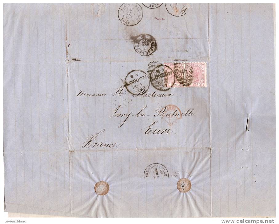 Pli Postal Cacheté/Angleterre France/2 Timbres Victoria 2 1/2 D/1877                TIMB50 - Briefe U. Dokumente