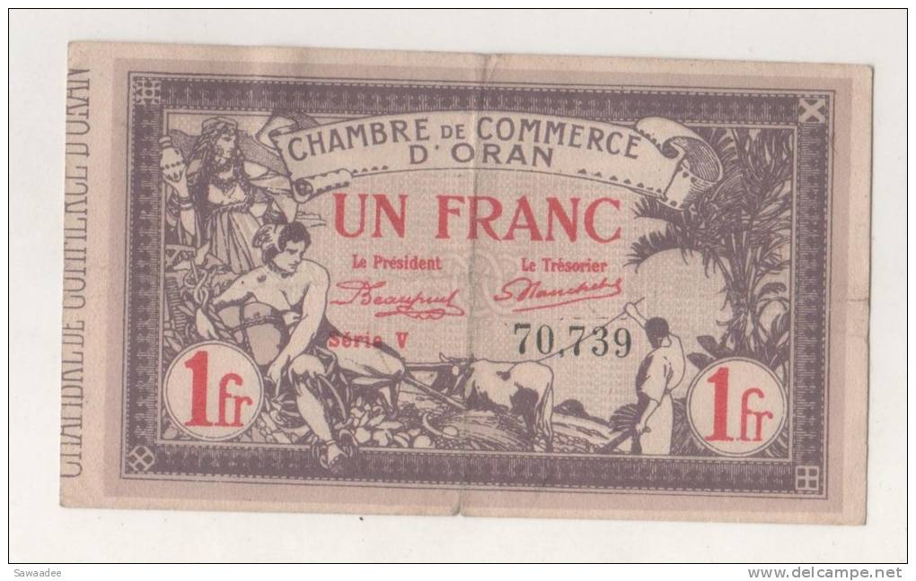 BILLET FRANCE - CHAMBRE DE COMMERCE D´ORAN - 1 FRANC - ROUGE - 04 FEVRIER 1920 - Chambre De Commerce