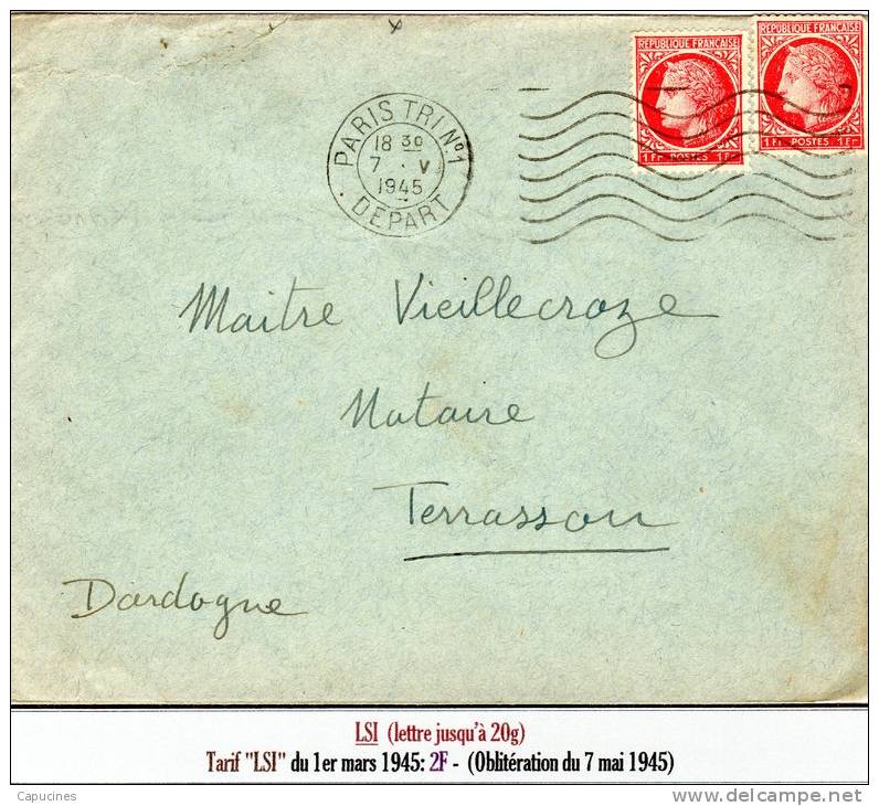 CERES DE MAZELIN - Affranch. "LSI" Avec 2x 1F Rose-rouge (Tarif Du 1/3/45) - 1945-47 Cérès De Mazelin