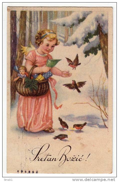 CHRISTMAS ANGEL GIRL WITH PRESENTS AND BIRDS Nr. 1023 OLD POSTCARD 1940. - Other & Unclassified