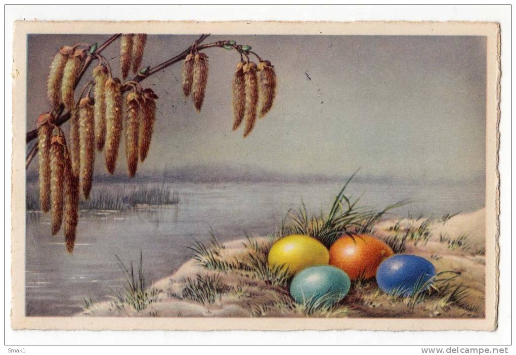 EASTER EGGS IN THE GRASS BY THE TREE Nr. 3616 OLD POSTCARD - Easter