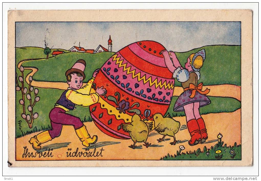 EASTER CHILDREN BIG EGG AND CHICKEN OLD POSTCARD 1942. - Pasen