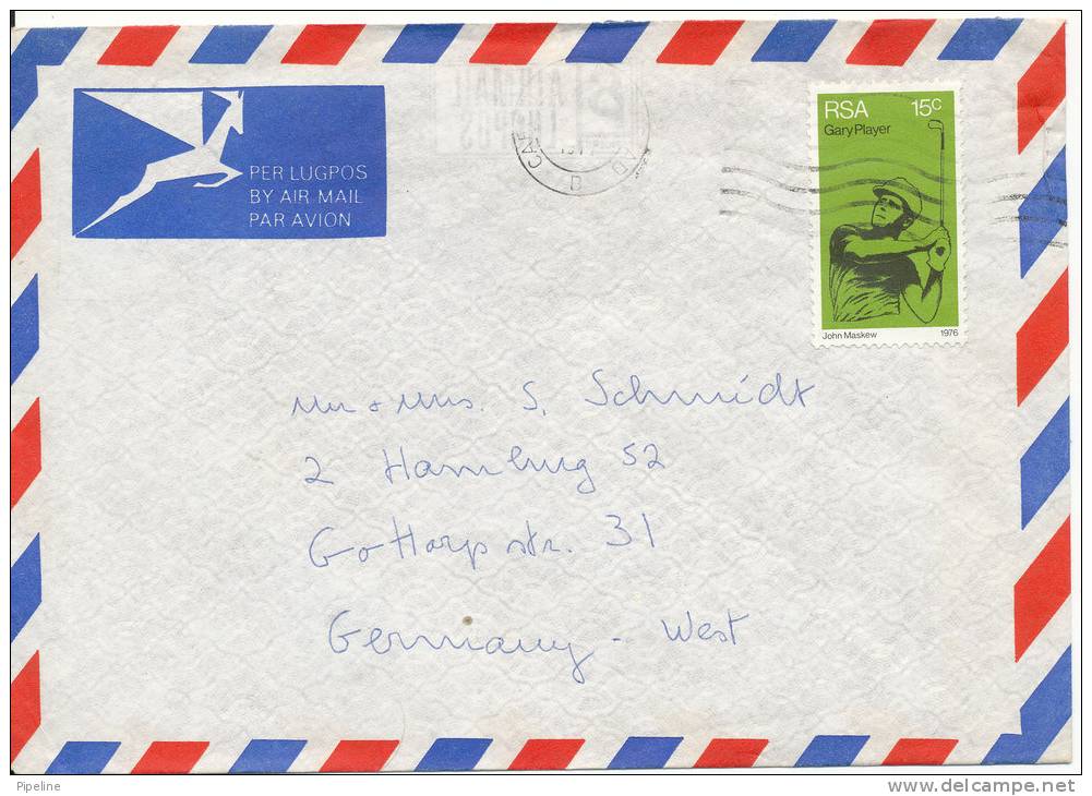 South Africa Air Mail Cover Sent To Germany 1977 Single Stamped Gary Player GOLF - Luftpost