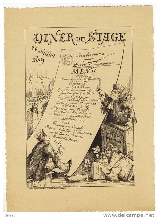 MENU 24 Juillet 1889  -Diner Du Stage. NANTES - Imprimerie Jules Péquignot. - Menu