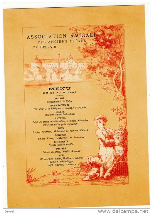 MENU Du 26 Juin 1890 -Association Amicale Des Anciens élèves De Bel Air  -  Imprimerie Jules Péquignot NANTES. - Menu