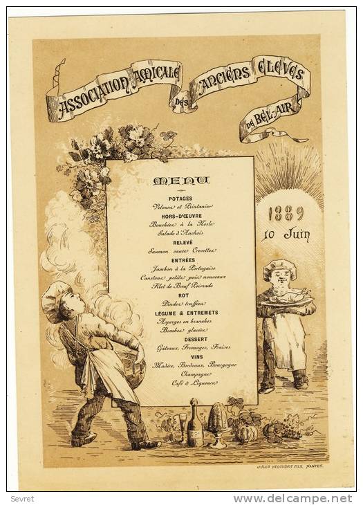 MENU Du 10  Juin 1889 -Association Amicale Des Anciens élèves De Bel Air  -  Imprimerie Jules Péquignot NANTES. - Menu