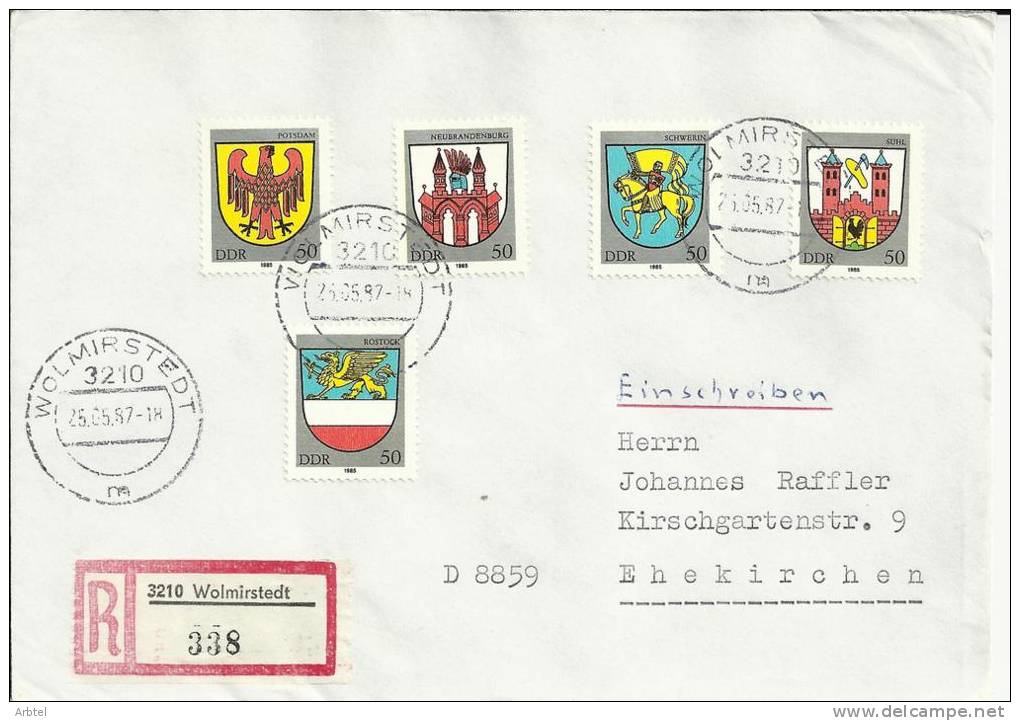 ALEMANIA DDR CC CERTIFICADA ESCUDOS HERALDICOS CIUDADES POSTDAM NEUBRANDENBURG SCHWERIN SUHL ROSTOCK - Briefe U. Dokumente