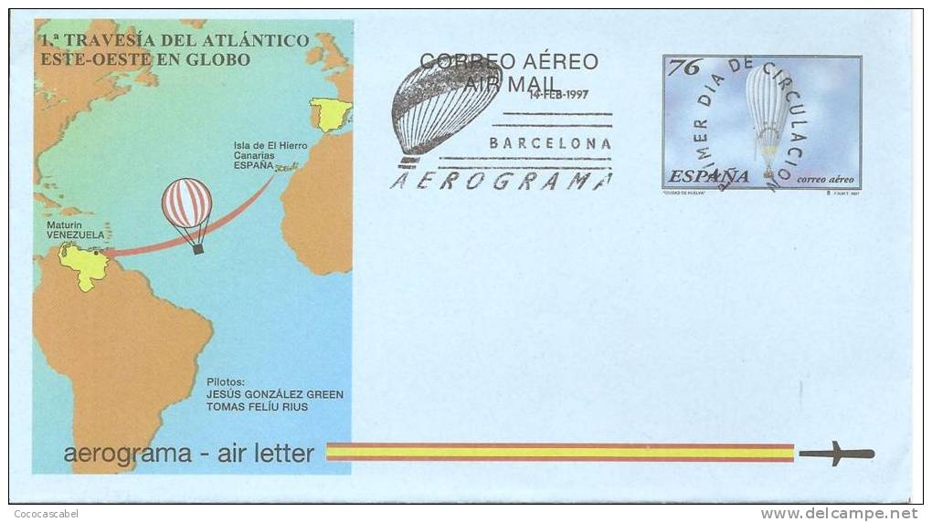 España/Spain -Aerograma - Edifil 222 (usado) (Matasellos Primer Día) - 1931-....