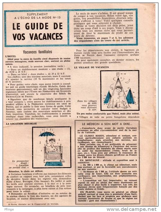 Supplément à L'Echo De La Mode N°13 , 1961 - Guide De Vacances - Mode