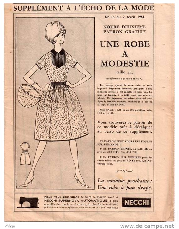 Supplément à L´Echo De La Mode N°15 , 1961 - Patron D´ Une Robe à Modestie - Mode