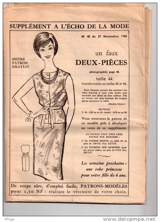 Supplément à L´Echo De La Mode N°48 , 1960 - Patron D´ Un Faux Deux-pièces - Fashion