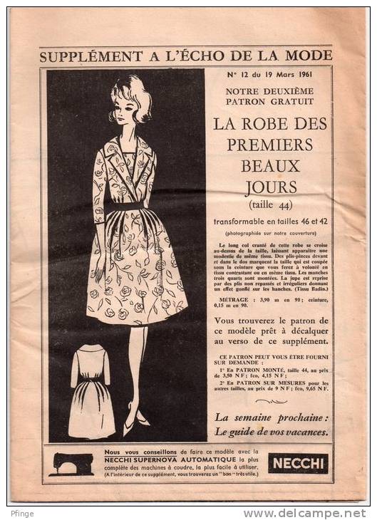 Supplément à L´Echo De La Mode N°12 , 1961 - Patron De Robe Des Premiers Beaux Jours - Fashion