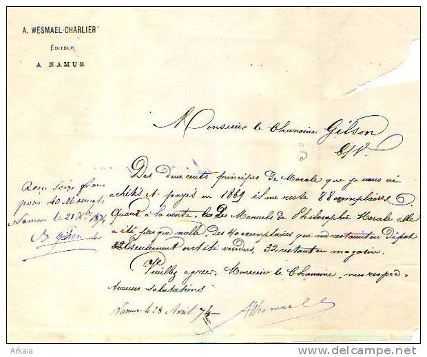 Namur - 1874 - A. Wesmael-Charlier - éditeur - Imprimerie & Papeterie