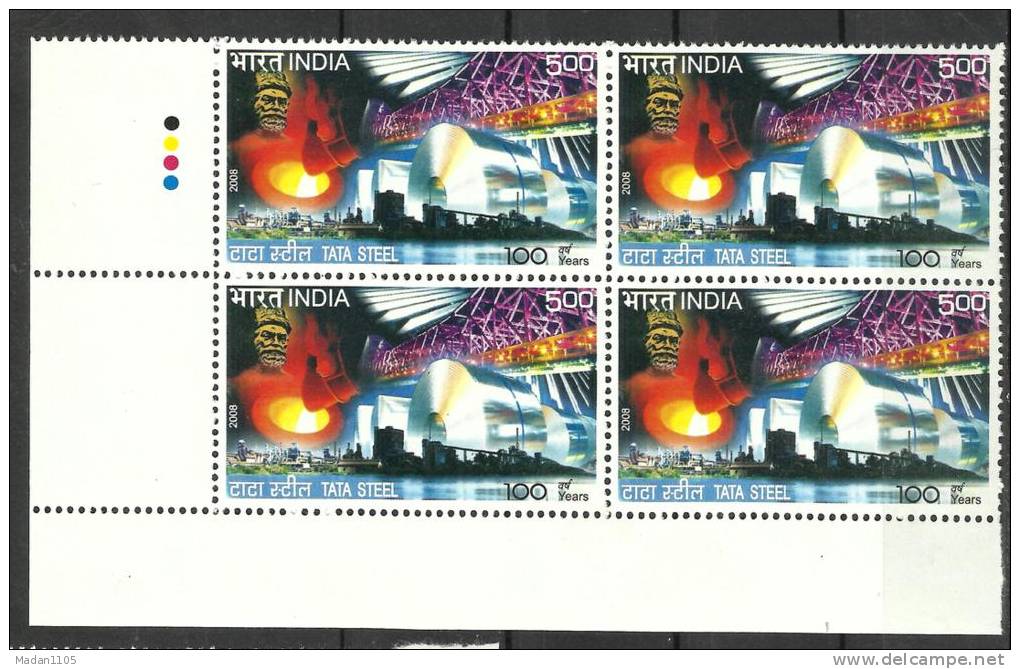 INDIA, 2008, Centenary Of Tata Steel,  Block Of 4, With Traffic Lights, Steel Plant, Rolls Of Mineral, MNH,  (**) - Neufs
