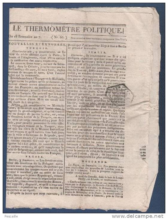 LE THERMOMETRE POLITIQUE 18 BRUMAIRE AN 7  TURQUIE - LIVOURNE - IRLANDE - BELGIQUE - RASTADT - LUXEMBOURG - CONSCRIPTION - Journaux Anciens - Avant 1800