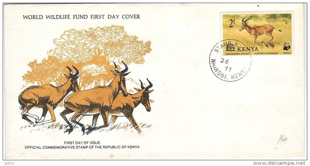 FDC Du Kenya WWF Endangered Species Hunter's Hartebeest Hirola, Nairobi, 1977 - Kenia (1963-...)