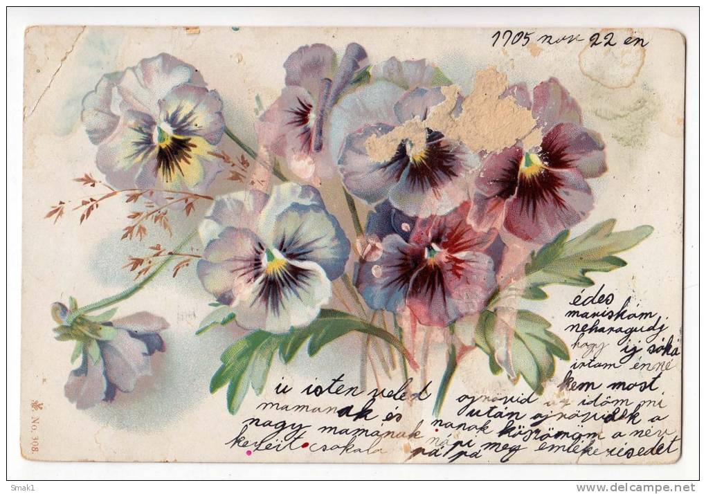 FLOWERS PANSIES LITHOGRAPHY FOLDED CORNER OLD POSTCARD 1905. - Other & Unclassified