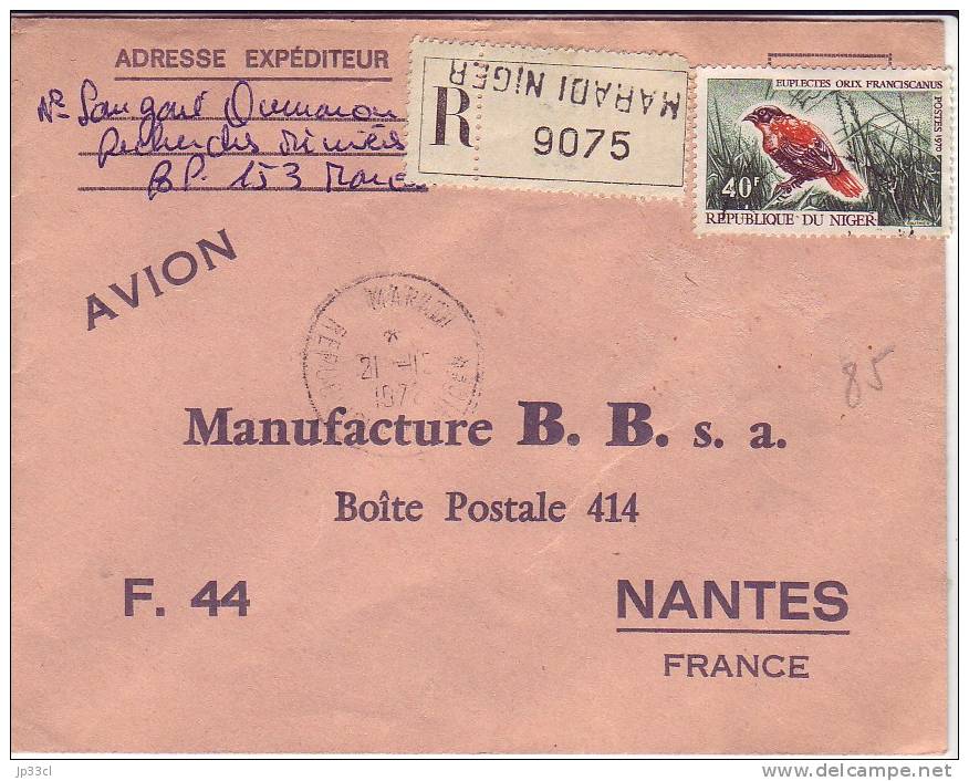 Lettre Recommandée De Maradi Niger Vers Nantes De 1972 Avec Timbre YT 243 Euplectes Orix Franciscanus - Niger (1960-...)