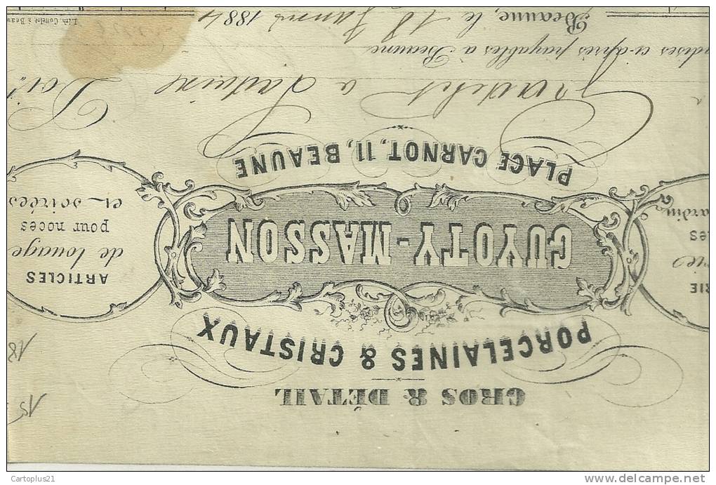 BEAUNE COTE DOR 21 MAGASIN PORCELANES CRISTAUX GUYOTY MASSON 11 PLACE CARNOT  1884 - Autres & Non Classés