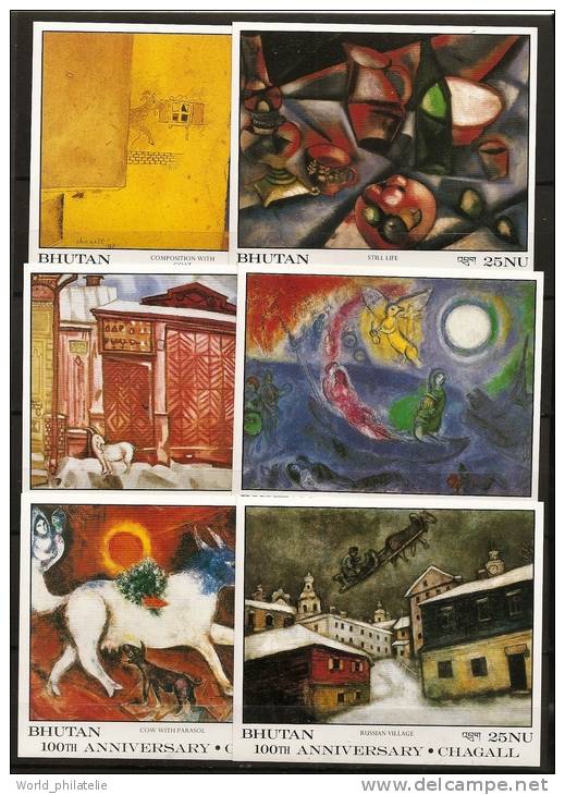 Bhoutan Bhutan 1987 N° BF 133 / 44 ** Tableaux, Marc Chagall, Chat, Coq, Violon, Musique, Singe, Chien, Arc De Triomphe - Bhutan