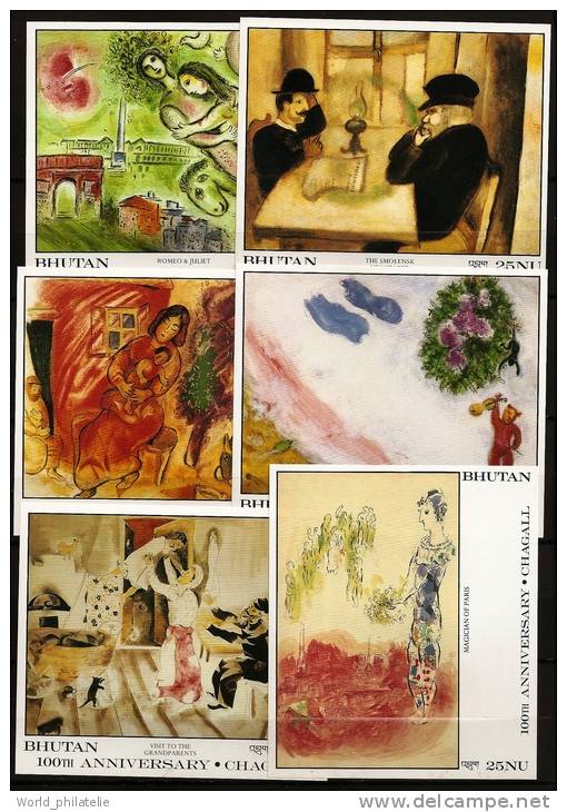 Bhoutan Bhutan 1987 N° BF 133 / 44 ** Tableaux, Marc Chagall, Chat, Coq, Violon, Musique, Singe, Chien, Arc De Triomphe - Bhutan