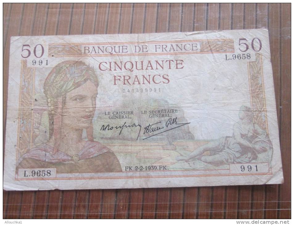 50 Francs Cérès(chât Versailles)Design Mercure Clém.Serveau,E. Deloche Billet De La Banque De France FK.2/2/1939. FK. - 50 F 1934-1940 ''Cérès''