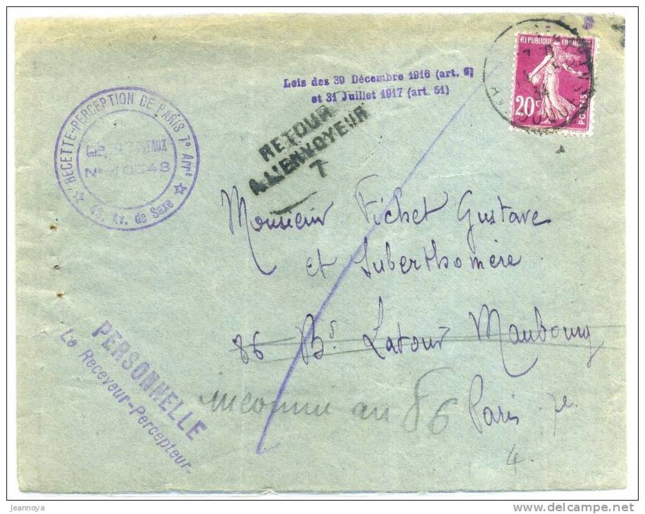 FRANCE - SEMEUSE CAMÉE - N° 190 SUR LETTRE DES IMPOTS, DE PARIS LE 14/5/1934, AVEC RAL 7 - B - Lettres & Documents