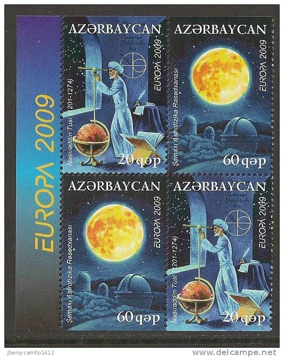 AZERBAIDJAN - EUROPA 2009 - TEMA "ASTRONOMIA" -  2 SERIES De 2 V. En BLOC De 4 -PROCEDENTE De CARNET - 2009