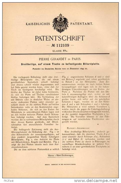 Original Patentschrift - Pierre Girardet In Paris , 1899 , Billiard - Platte !!! - Billard