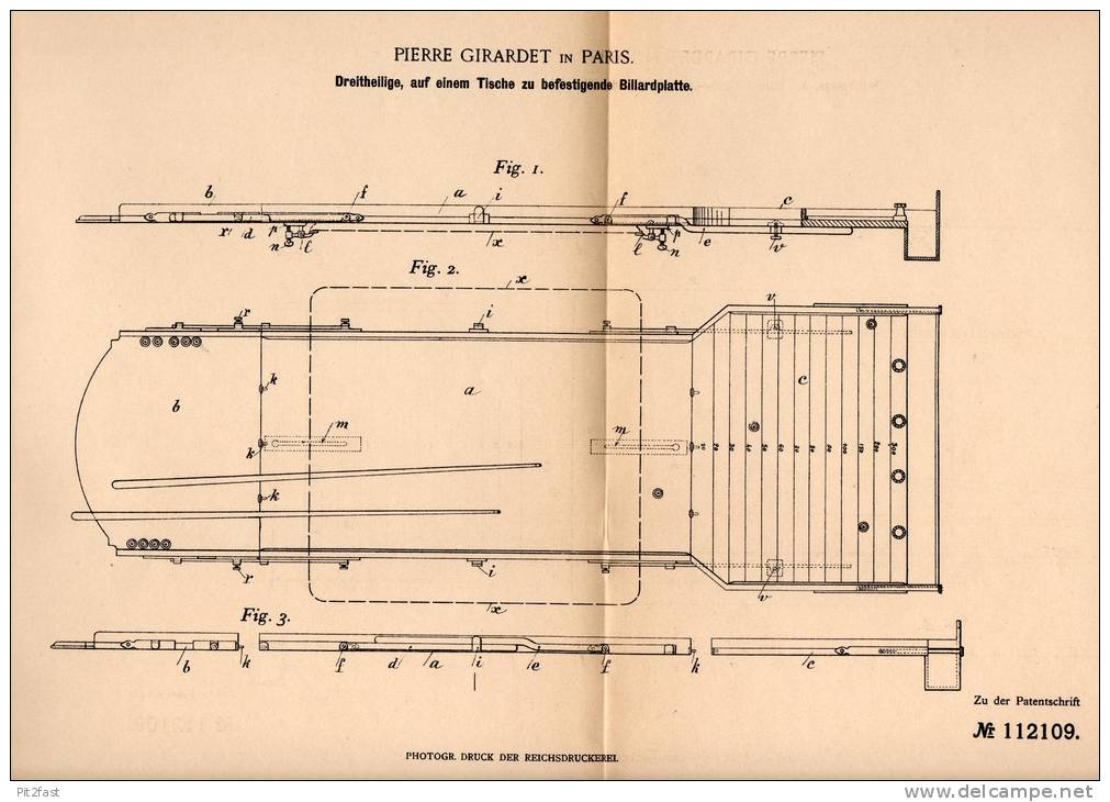 Original Patentschrift - Pierre Girardet In Paris , 1899 , Billiard - Platte !!! - Biljart