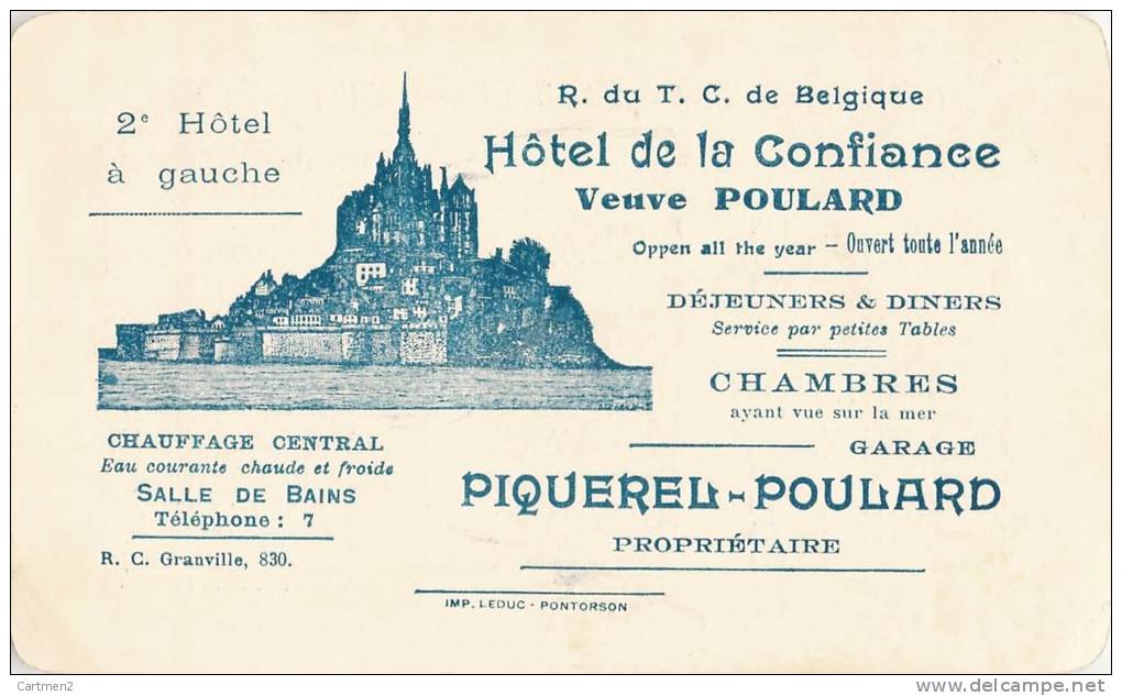 MONT-SAINT-MICHEL HOTEL DE LA CONFIANCE VEUVE MERE POULARD PIQUELREL-POULARD PROPRIETAIRE + DISTANCES DES VILLES AU DOS - Cartes De Visite