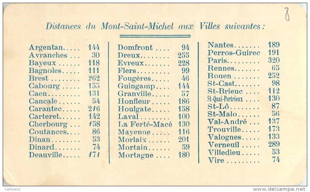 MONT-SAINT-MICHEL HOTEL DE LA CONFIANCE VEUVE MERE POULARD PIQUELREL-POULARD PROPRIETAIRE + DISTANCES DES VILLES AU DOS - Cartes De Visite