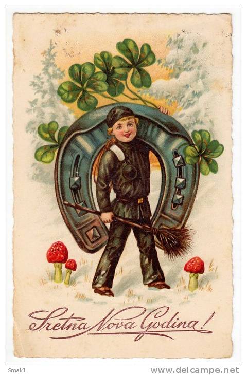 NEW YEAR BOY HORSESHOE MUSHROOMS CLOVER L&P Nr. 2877 OLD POSTCARD 1934. - New Year