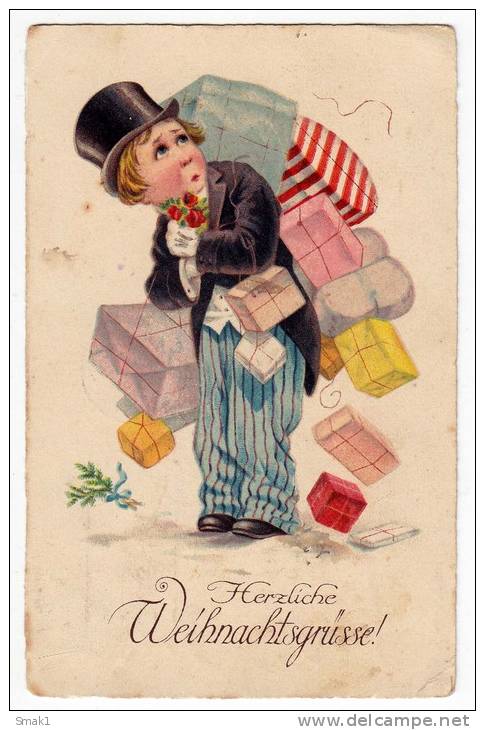 NEW YEAR BOY WITH FLOWERS AND PRESENTS Nr. 109 OLD POSTCARD 1927. - New Year