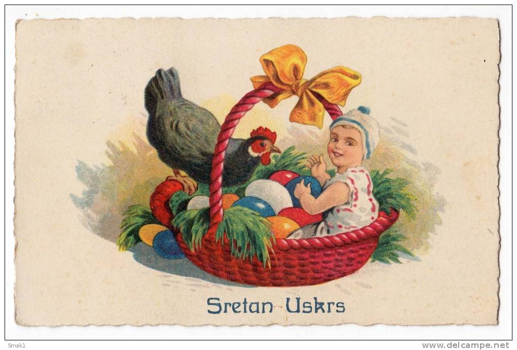 EASTER GIRL CHICKEN EGGS BASKET Nr. 621 OLD POSTCARD - Easter