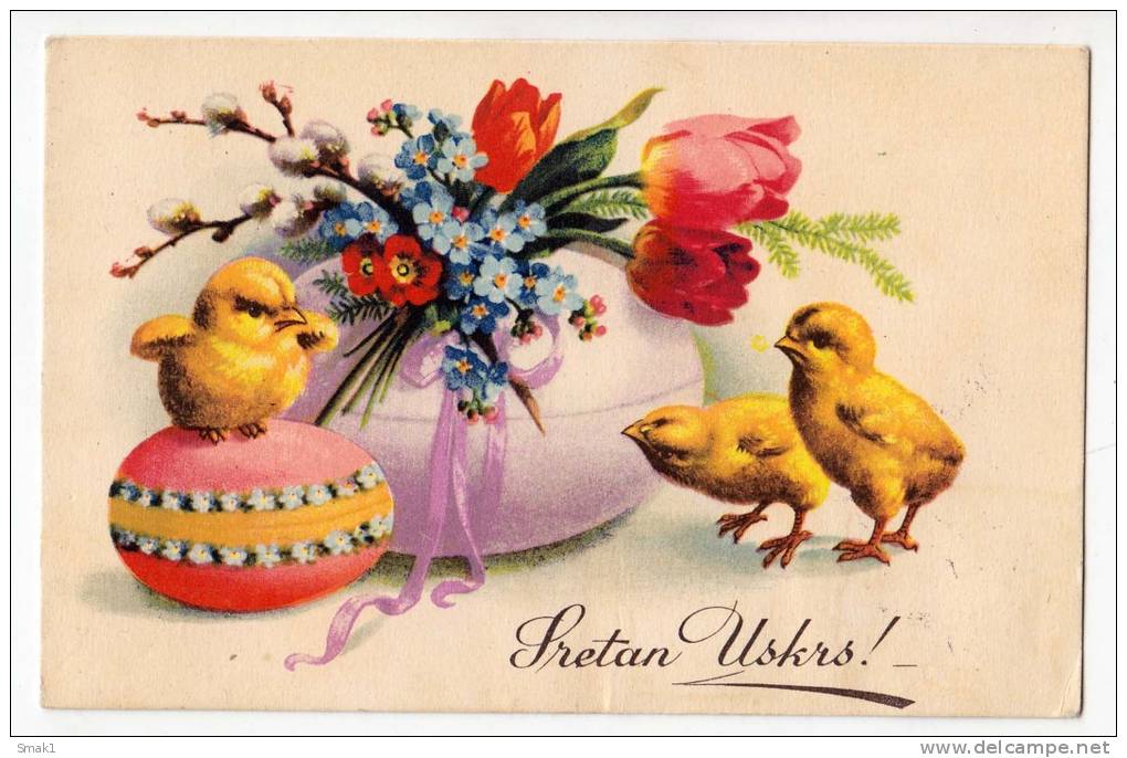 EASTER CHICKEN EGGS FLOWERS Nr. 24 OLD POSTCARD - Easter