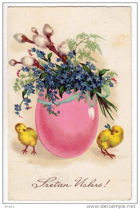 EASTER CHICKEN BIG EGG FLOWERS WSBS Nr. 4330/31 OLD POSTCARD 1934. - Easter