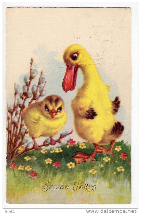 EASTER CHICKEN DUCK FLOWERS WHB Nr. 1465 OLD POSTCARD - Easter