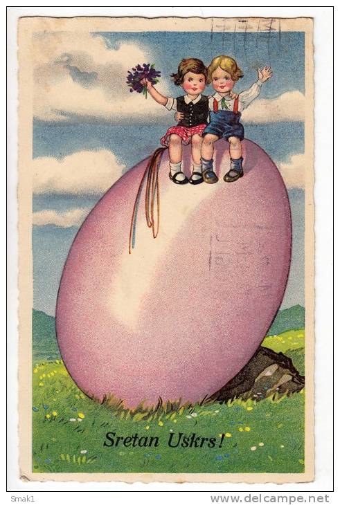 EASTER CHILDREN ON A BIG EGG WITH FLOWERS OLD POSTCARD 1931. - Easter