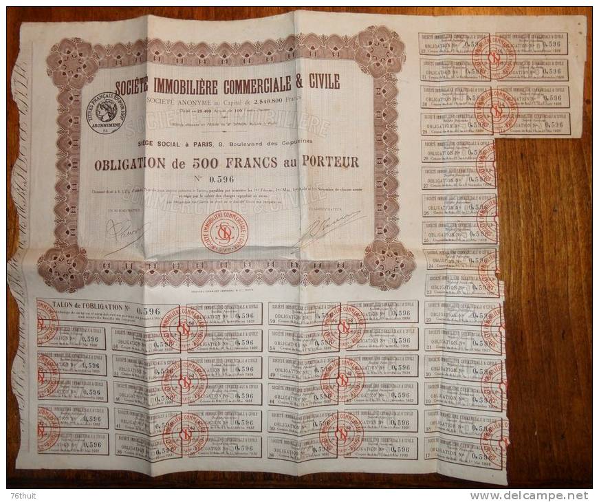 1927 - Obligation - Société Immobilière Commerciale Et Civile Paris Bvd  Des Capucines + 48 Coupons - S - V