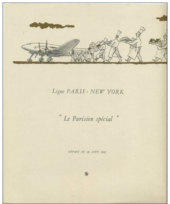 MENU AIR FRANCE LE PARISIEN SPÉCIAL Hervé BAILLE (menu 28/08/1951 PARIS-NEW YORK) - Menu