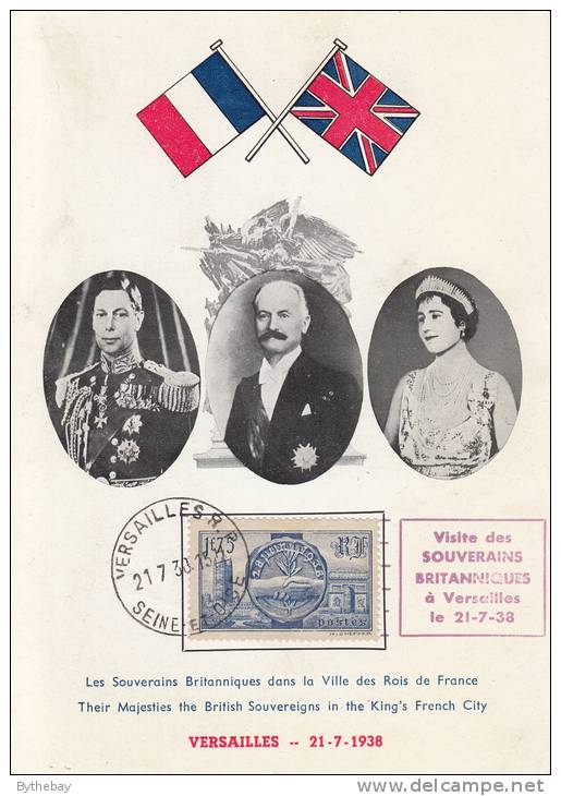 France Souvenir Card Scott #352 Commemorating Royal Visit Of George VI And Queen Elizabeth To Versailles Dated 21-7-38 - Lettres & Documents