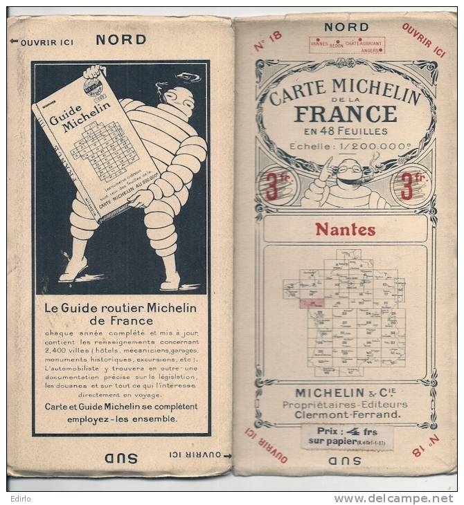 CARTE MICHELIN 1920 /1930 - Carte à 3.00 Fr Puis 4.00 - NANTES  N 18 Couverture TTB Intérieur état Neuf - Cartes Routières