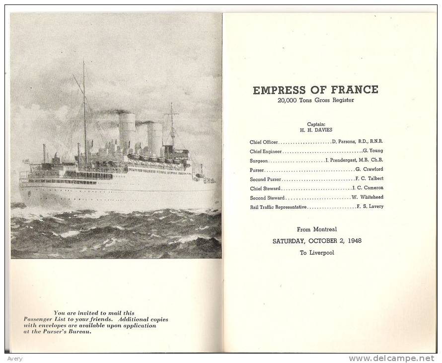 Canadian Pacific Passenger List  1948 Empress Of France - Europe