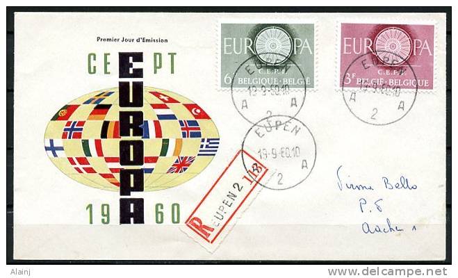 BE   FDC  1150 - 1151    ----   Europa 1960  --  Circulé Et Posté Avec Recommandé... - 1951-1960