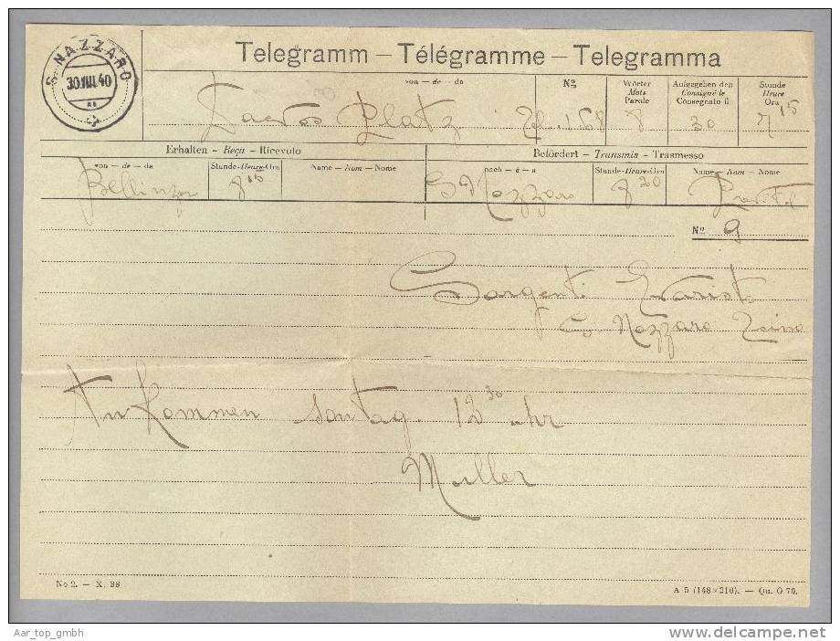 Heimat TI S.NAZZORO 1940-08-30 Telegramm Nach Davos Platz - Telegraph